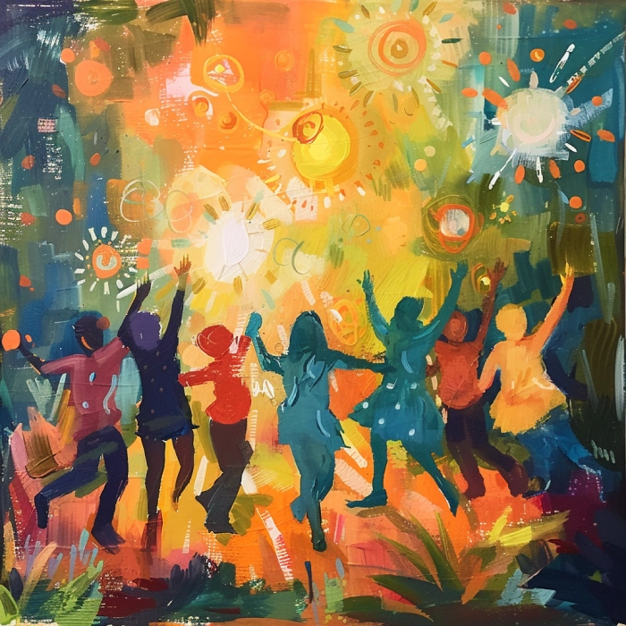 Abstract painting of young people dancing and celebrating together, absolute joy